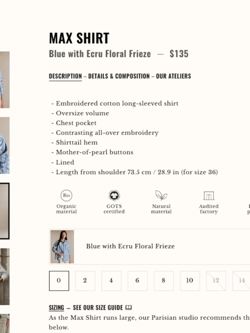 Sezane Max Shirt Blue with Ecru Floral Frieze button down size 48 - Picture 2 of 8